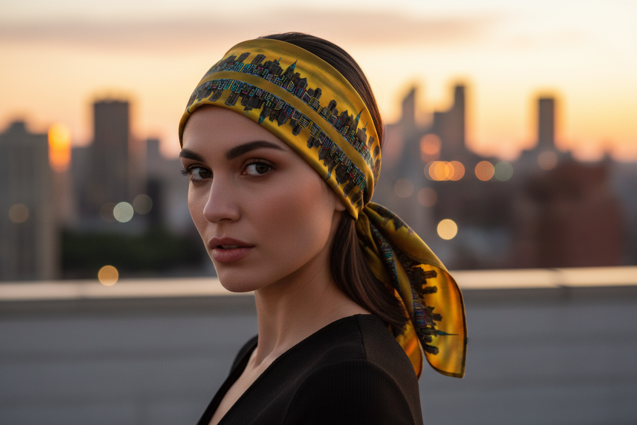 Woman wearing a yellow headscarf with a Loria NYC Art cityscape in the background during sunset.
