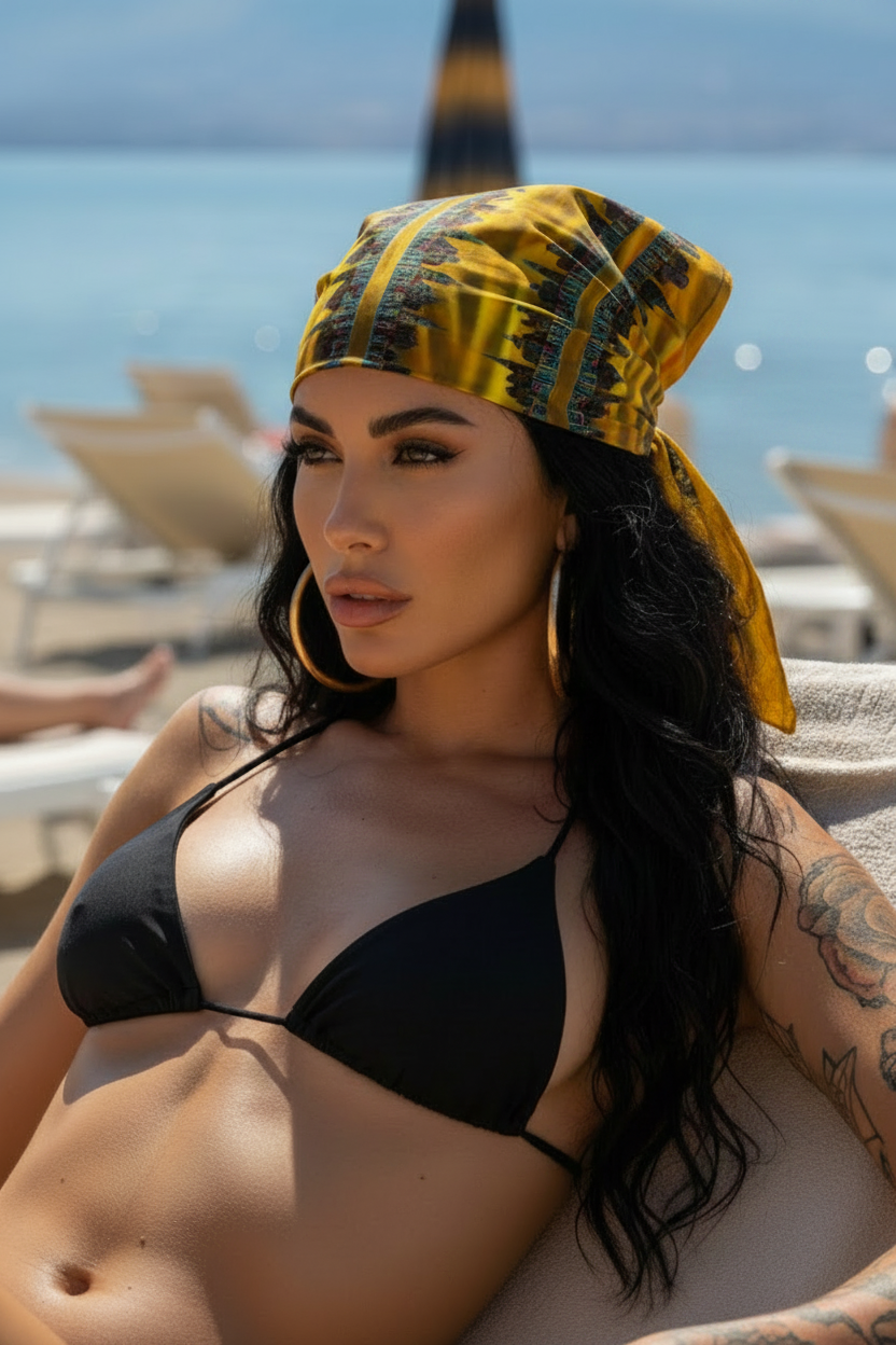 Woman wearing a yellow and black patterned Loria NYC Art headscarf on a beach.