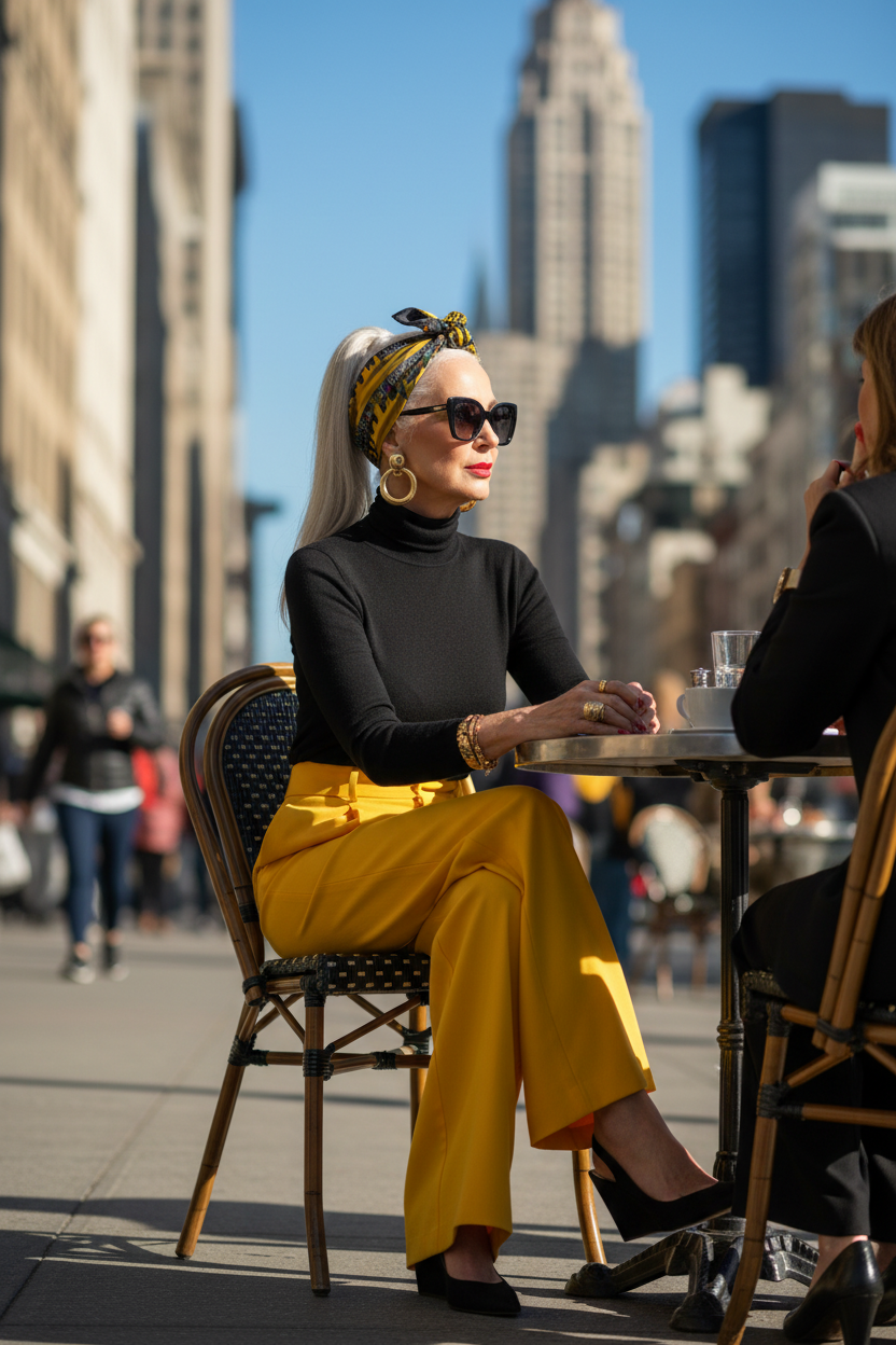 Person sitting at an outside cafe table wearing a colorful Loria NYC Art head scarf.