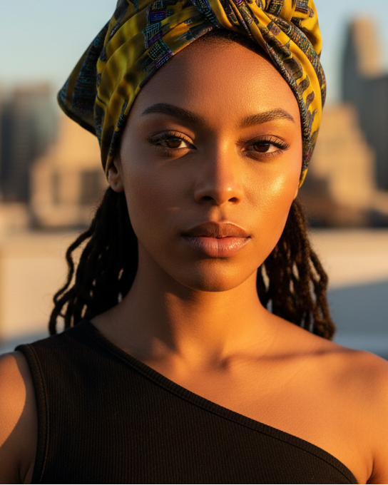 Woman with a yellow Loria NYC Art headscarf against a city skyline