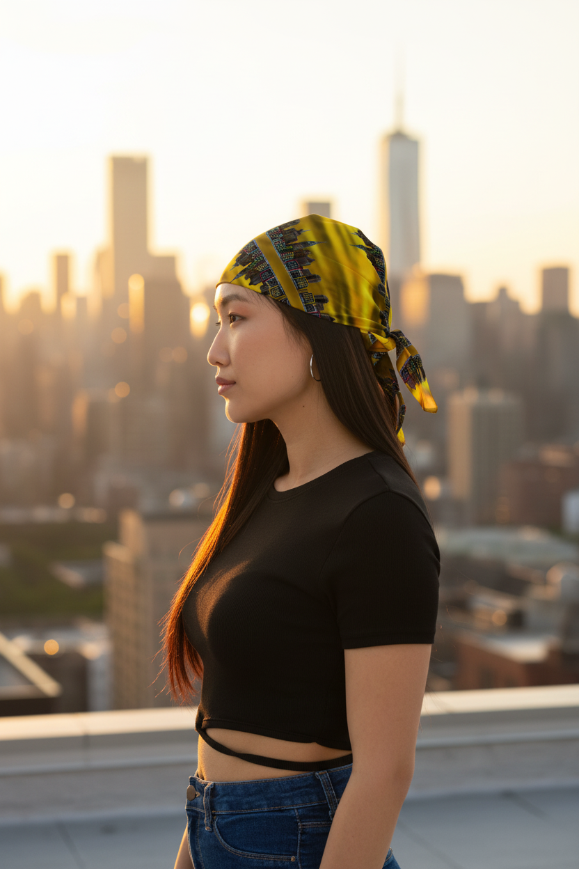 Woman wearing a yellow headscarf with a Loria NYC Art city skyline design 