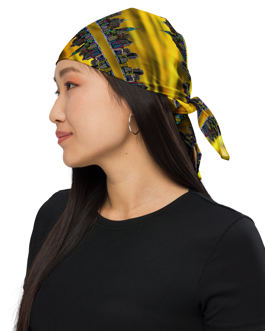 Woman wearing a yellow and black patterned Loria NYC Art headscarf on a white background