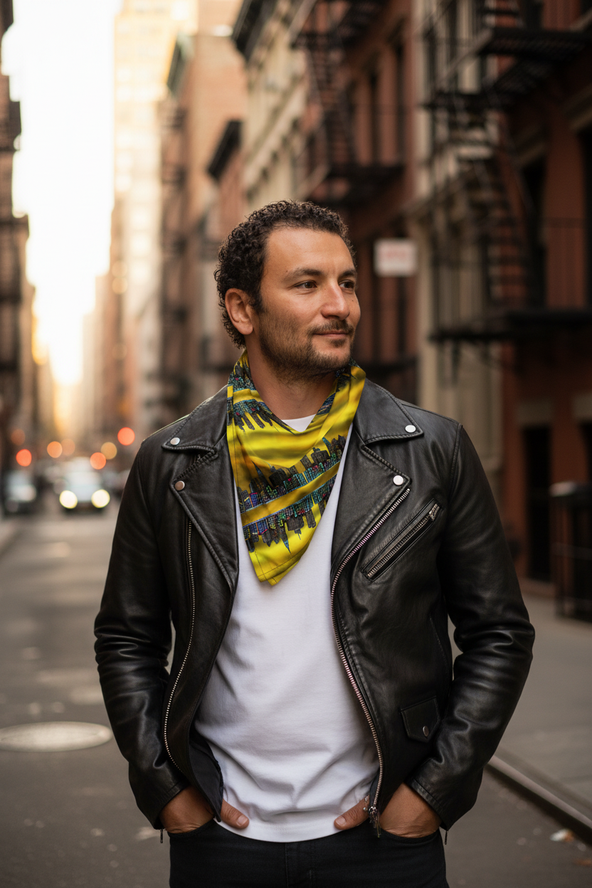 Man wearing a colorful scarf with a black denim jacket on a urban background
