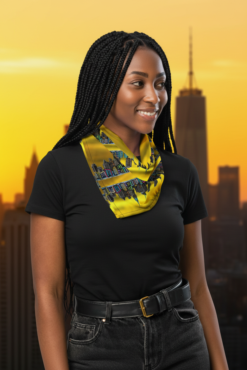 Woman wearing a yellow Loria NYC Art patterned scarf on a urban background