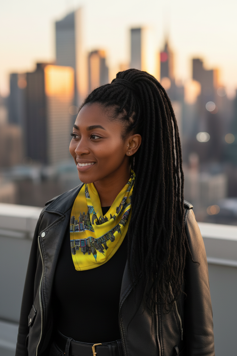 Woman wearing a black leather jacket and yellow scarf with a Loria NYC Art cityscape background