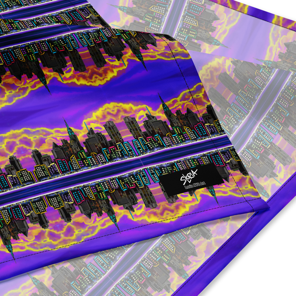 Colorful cityscape design on a product packaging with 'SLoria' NYC Art branding