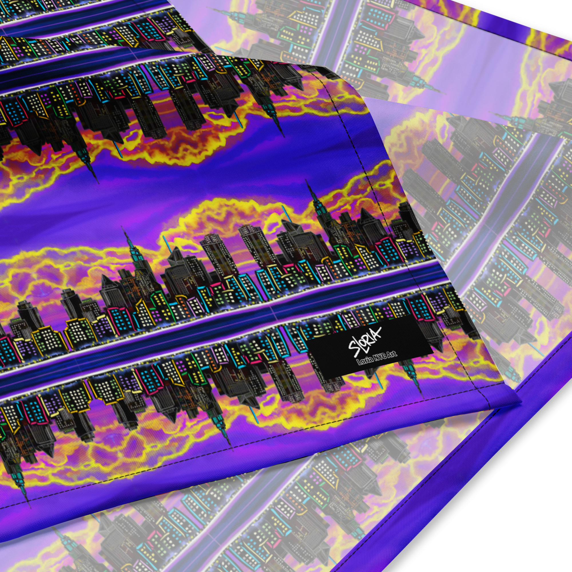 Colorful cityscape design on a product packaging with 'SLoria' NYC Art branding