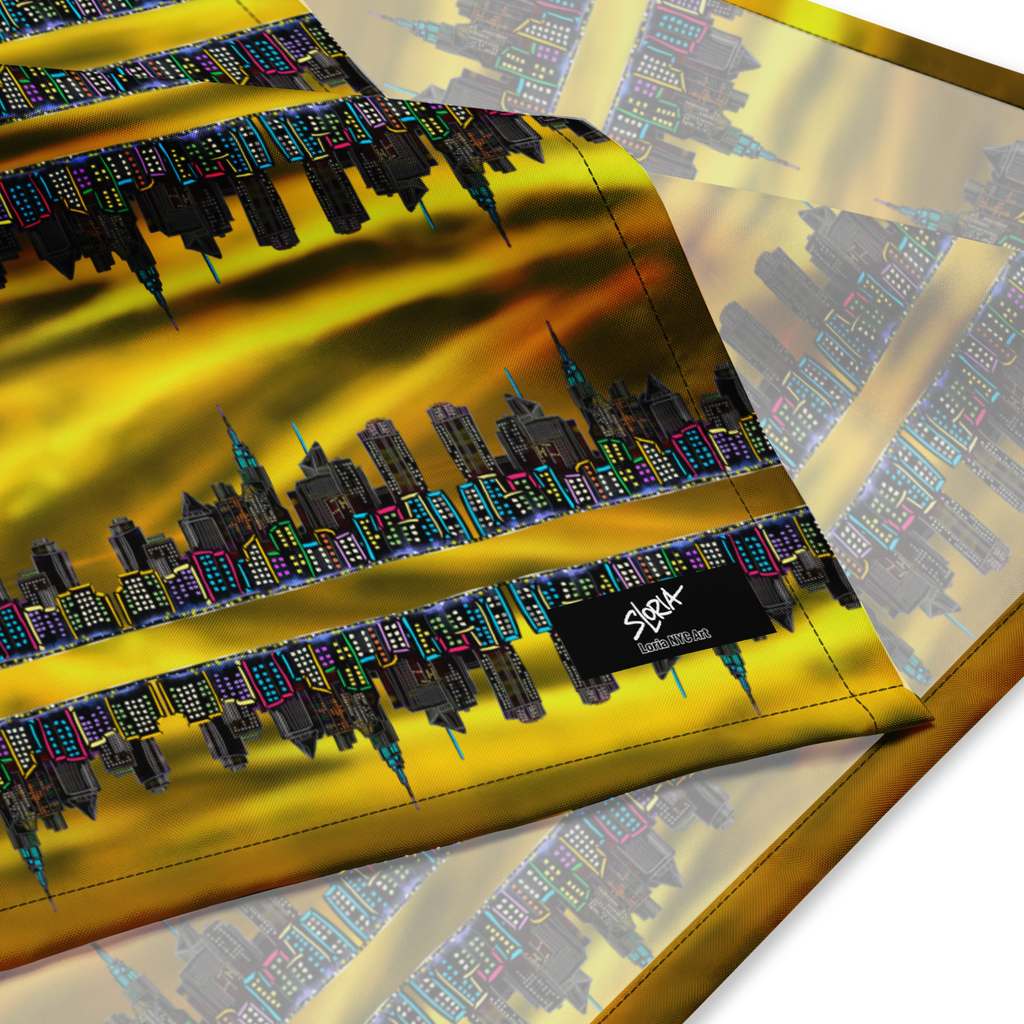 City skyline design on a yellow background with a Loria NYC Art  brand logo.