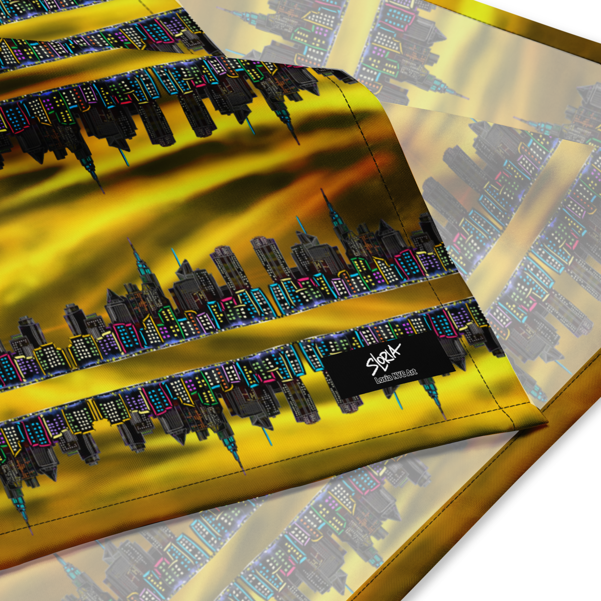 City skyline design on a yellow background with a Loria NYC Art  brand logo.