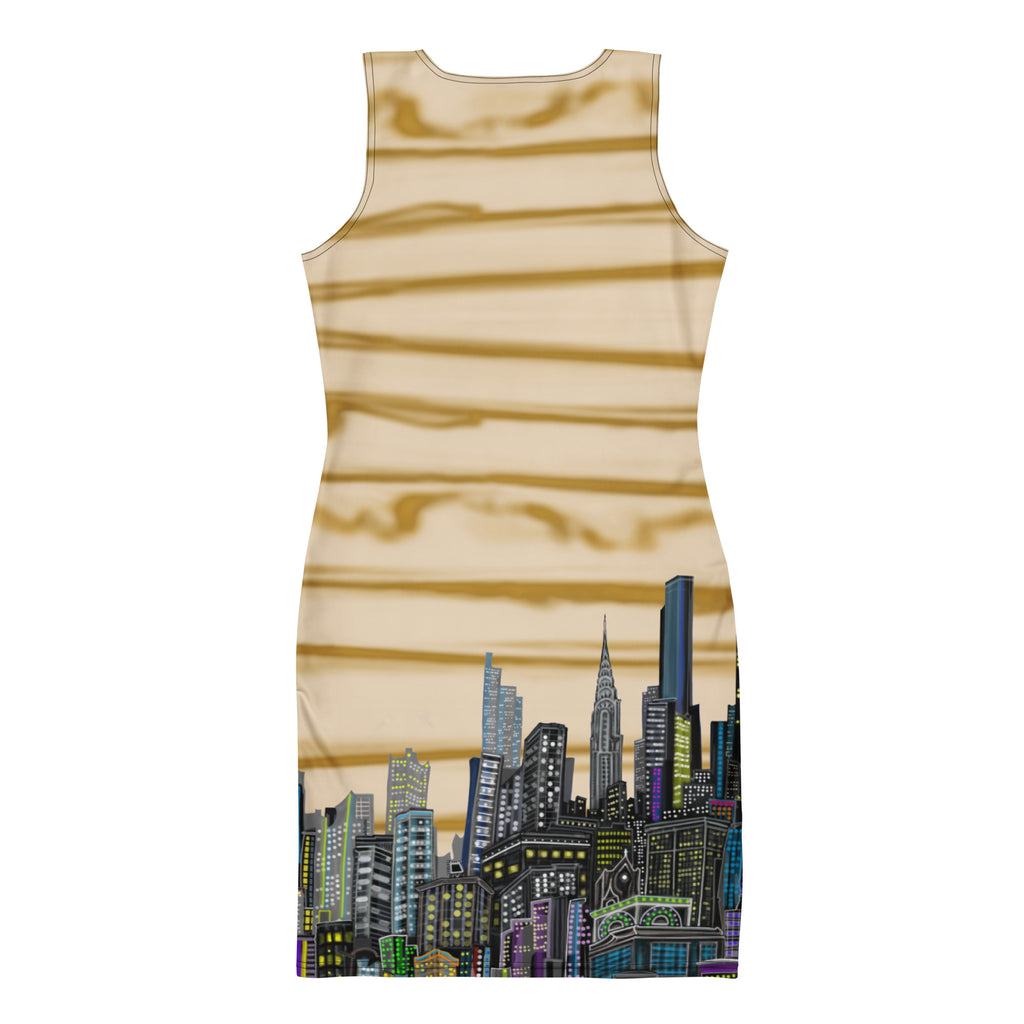Back dress with a cityscape designed by Loria NYC Art on a white background