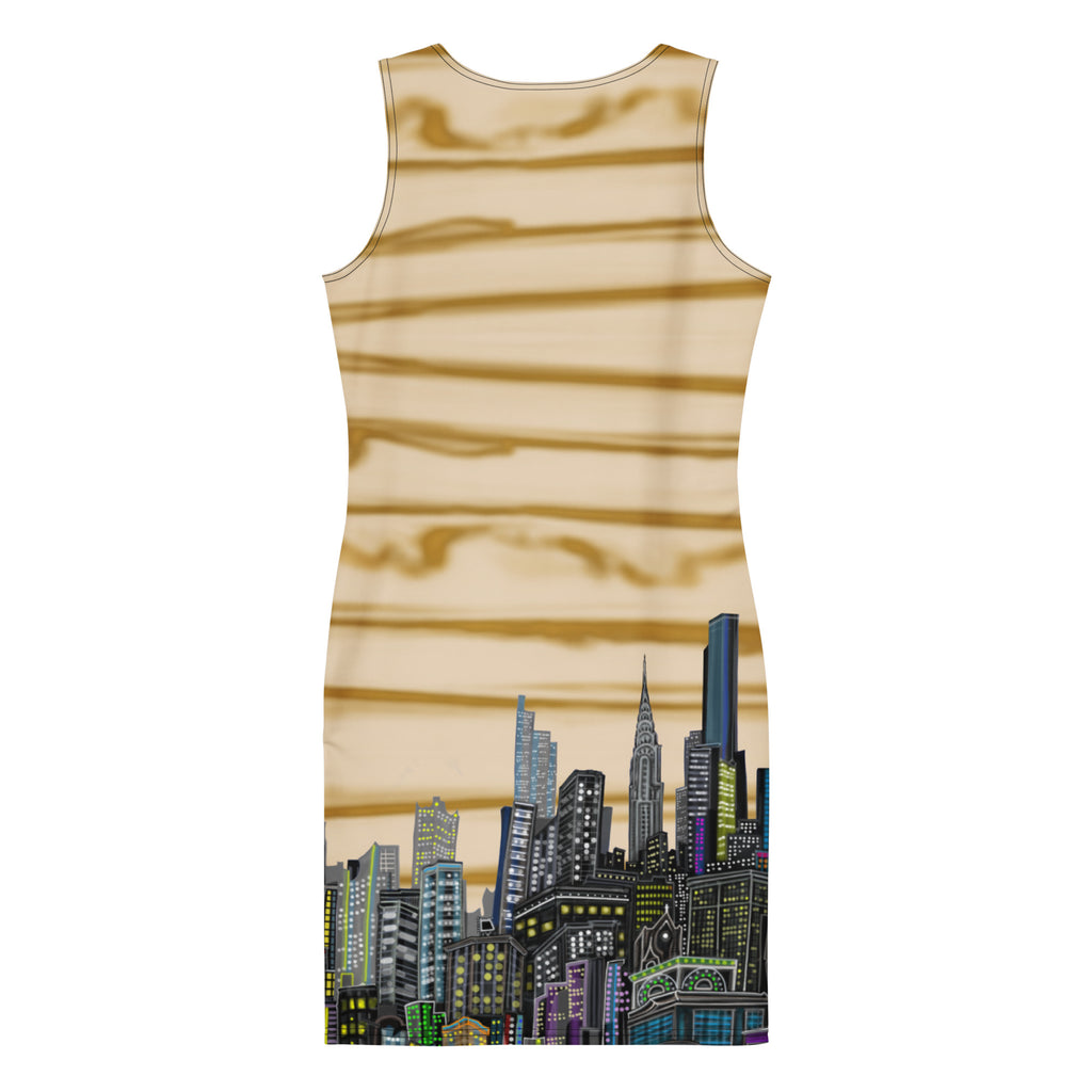 Back of dress with a cityscape designed by Loria NYC Art on a white background
