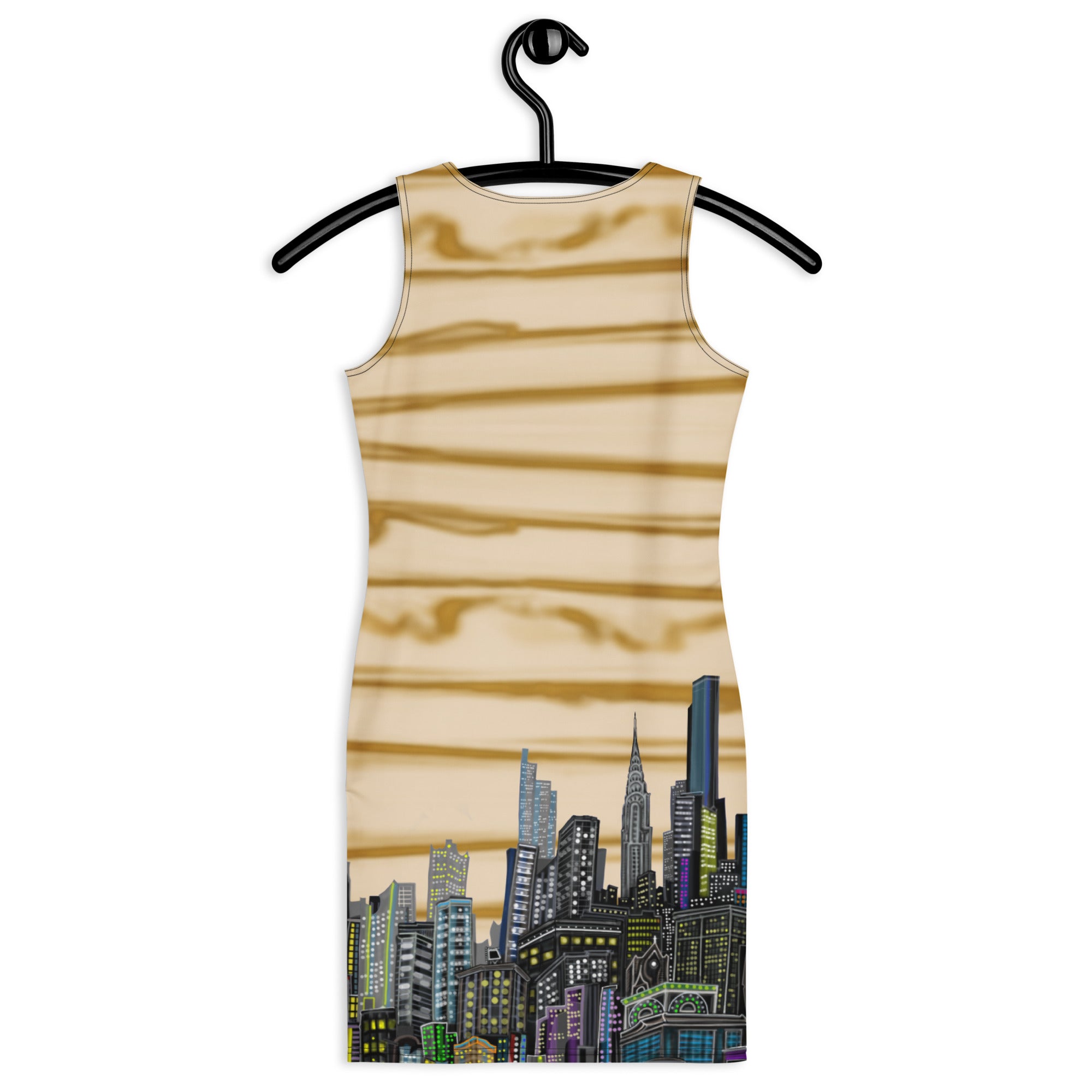 Sleeveless dress with cityscape design by Loria NYC art on a hanger against a white background