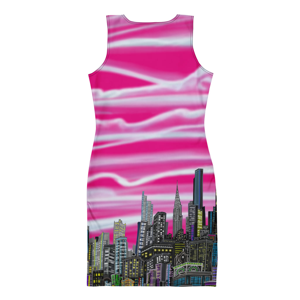 Back view of Bodycon Dress Fioritura Fucsia di Abstract NYC Skyline by Loria NYC Art
