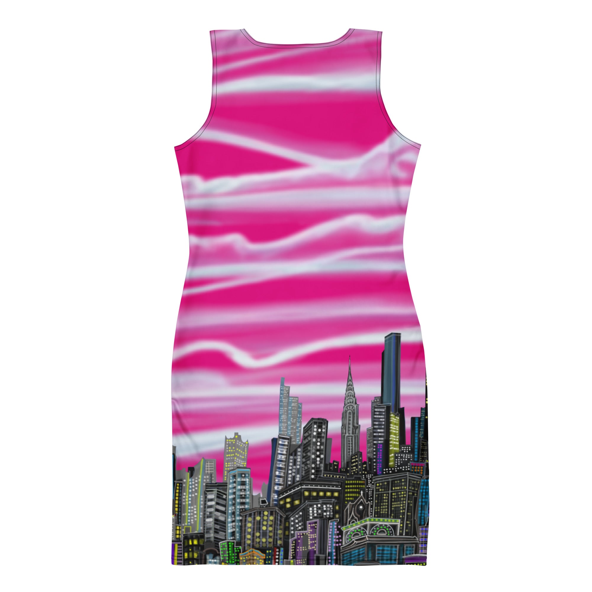 Back view of Bodycon Dress Fioritura Fucsia di Abstract NYC Skyline by Loria NYC Art