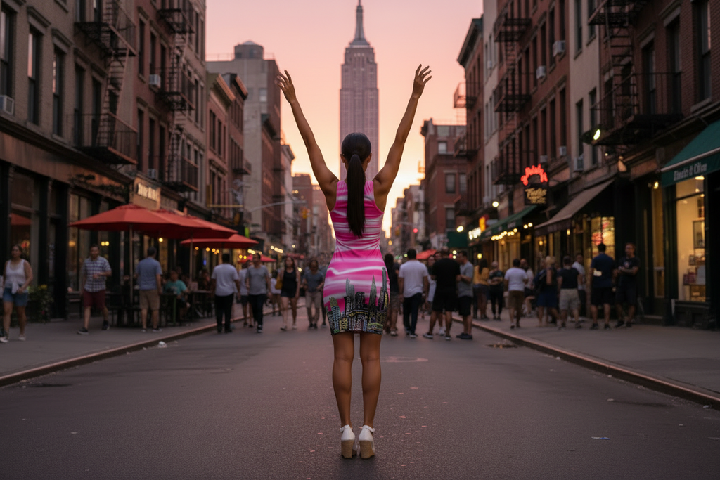 Female wearing a colorful Loria NYC Art fuchsia and white dress on urban street.