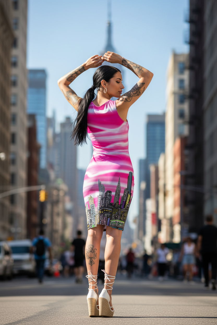Woman in a pink dress with Loria NYC Art cityscape design on a city street