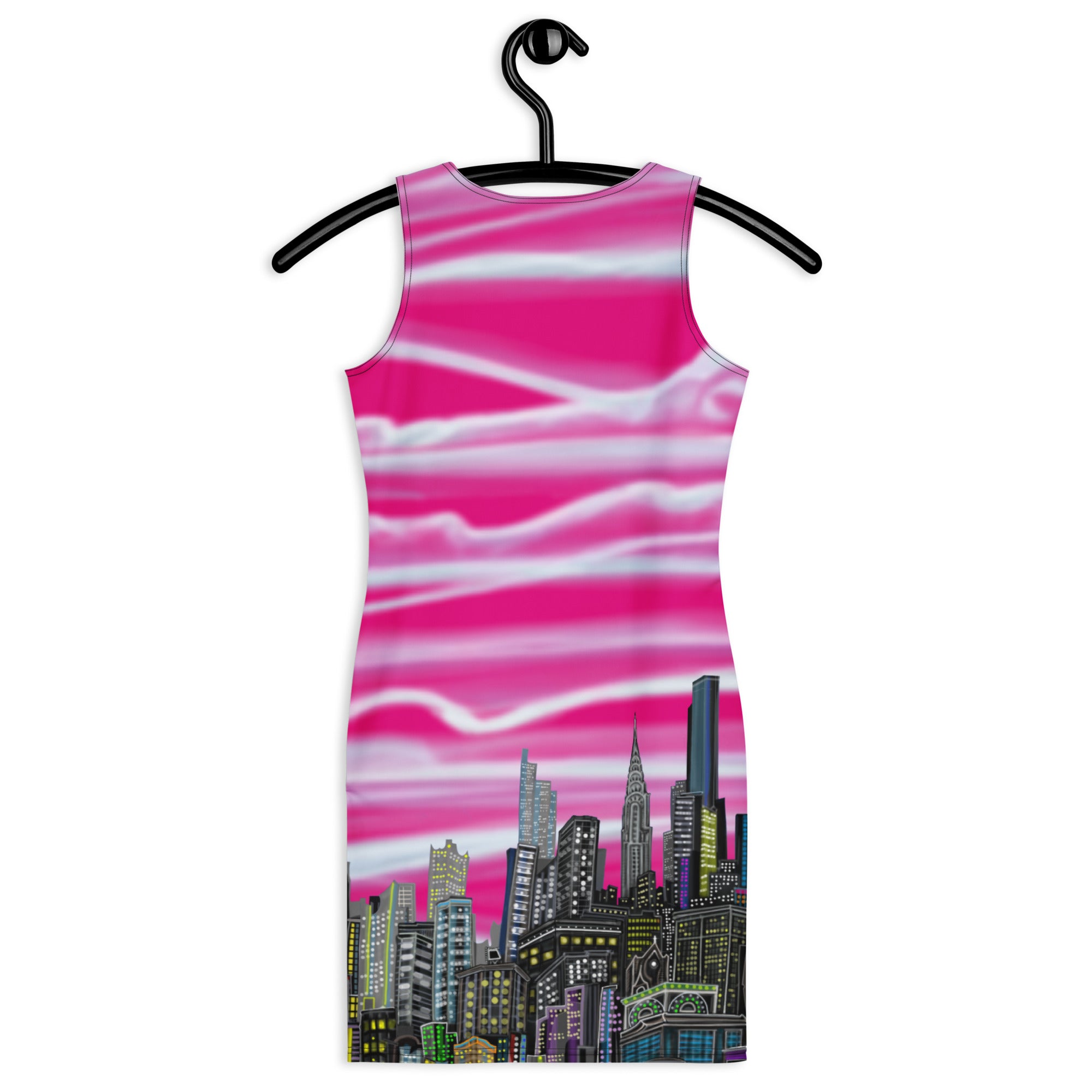 Back of a Bodycon Dress Fioritura Fucsia di Abstract NYC Skyline by Loria NYC Art on a hanger against a white background