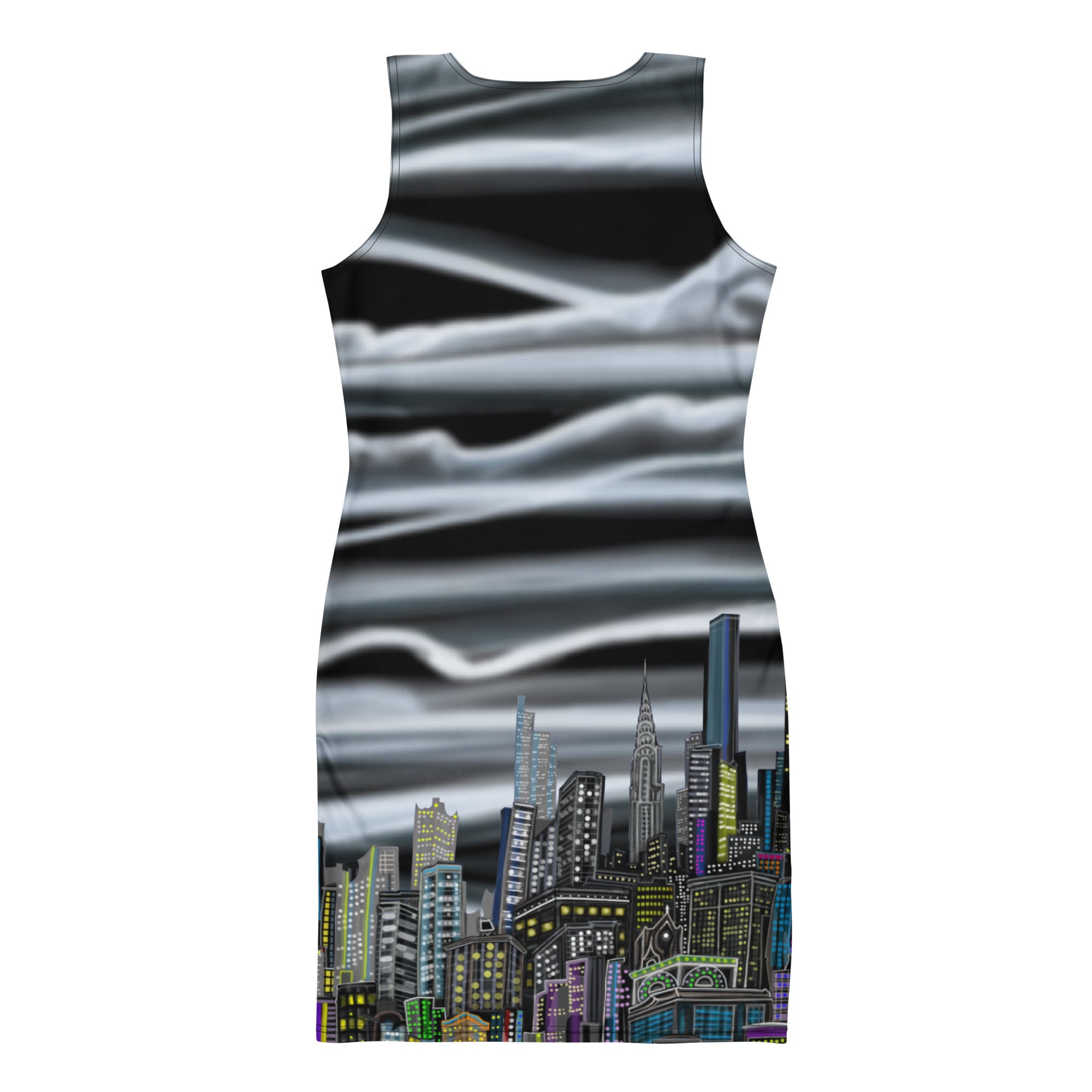 Back of Front of Bodycon Dress with Nuvola Notturna Abstract Skyline design by S.Loria NYC Art