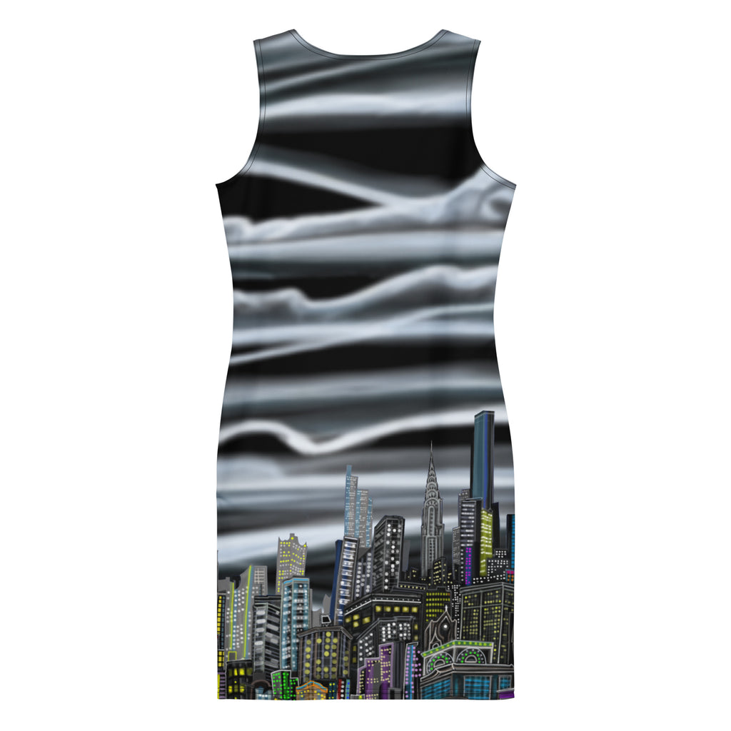 Back view of Bodycon Dress with Nuvola Notturna Abstract Skyline design by S.Loria NYC Art