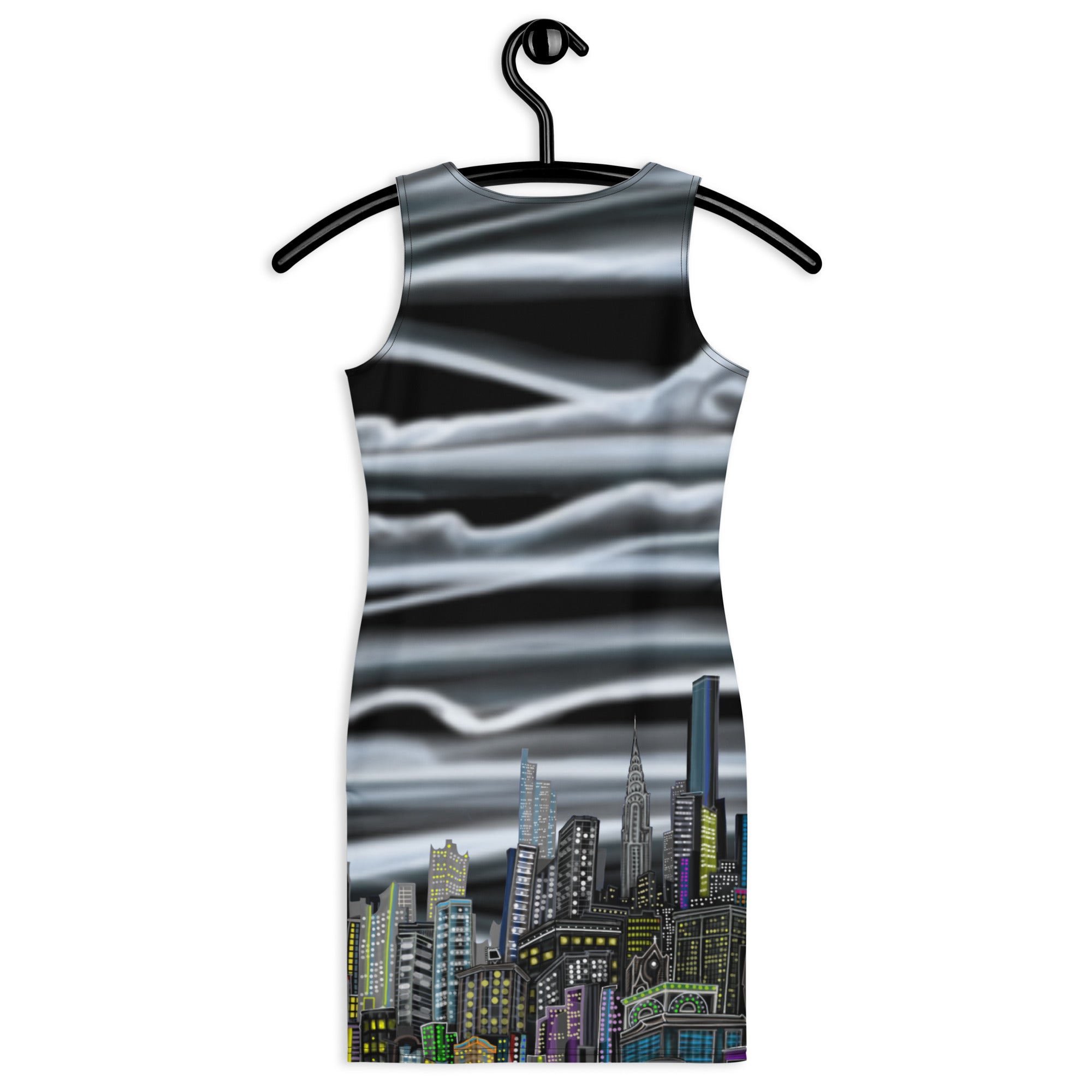 Back of Bodycon Dress with Nuvola Notturna Abstract Skyline design by S.Loria NYC Art on a hanger against a white background