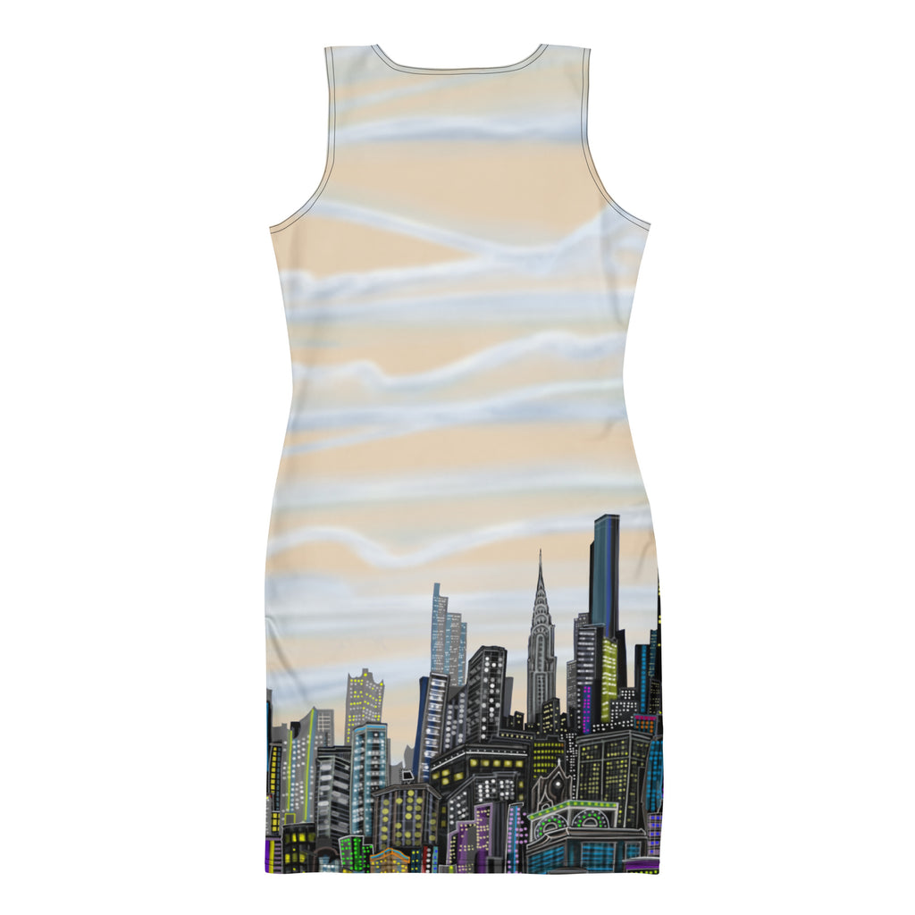 Back of Bodycon Dress of Manhattan Champagne color Luminoso Abstract Skyline design by  S.Loria NYC Art