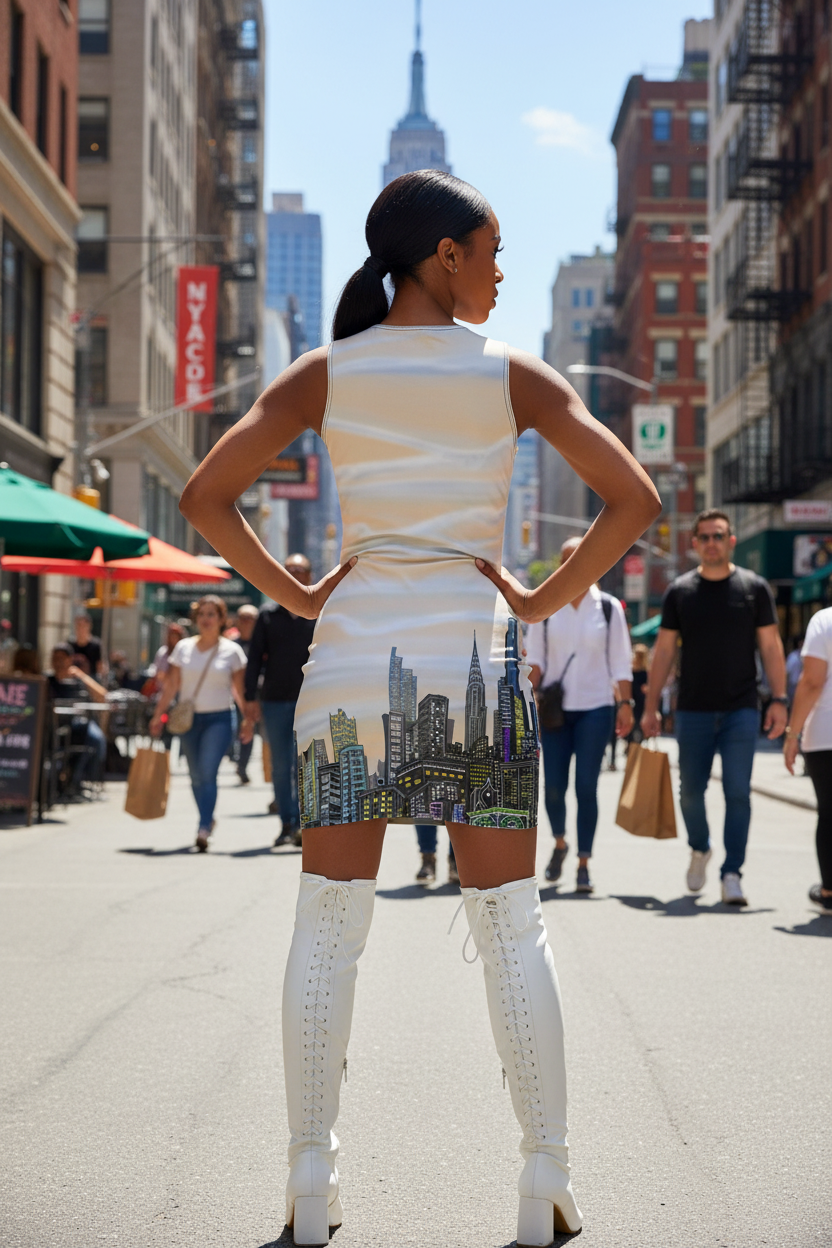 Woman wearing a Loria NYC Art dress with cityscape design on a busy street