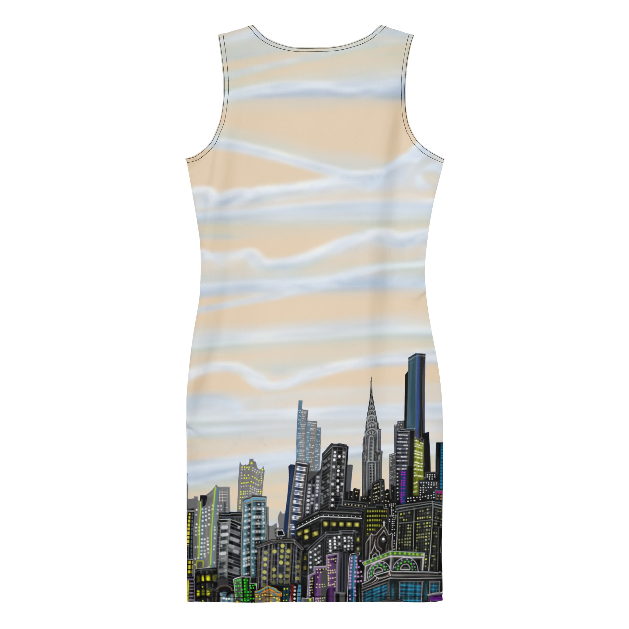 Back view of Bodycon Dress of Manhattan Champagne color Luminoso Abstract Skyline design by  S.Loria NYC Art