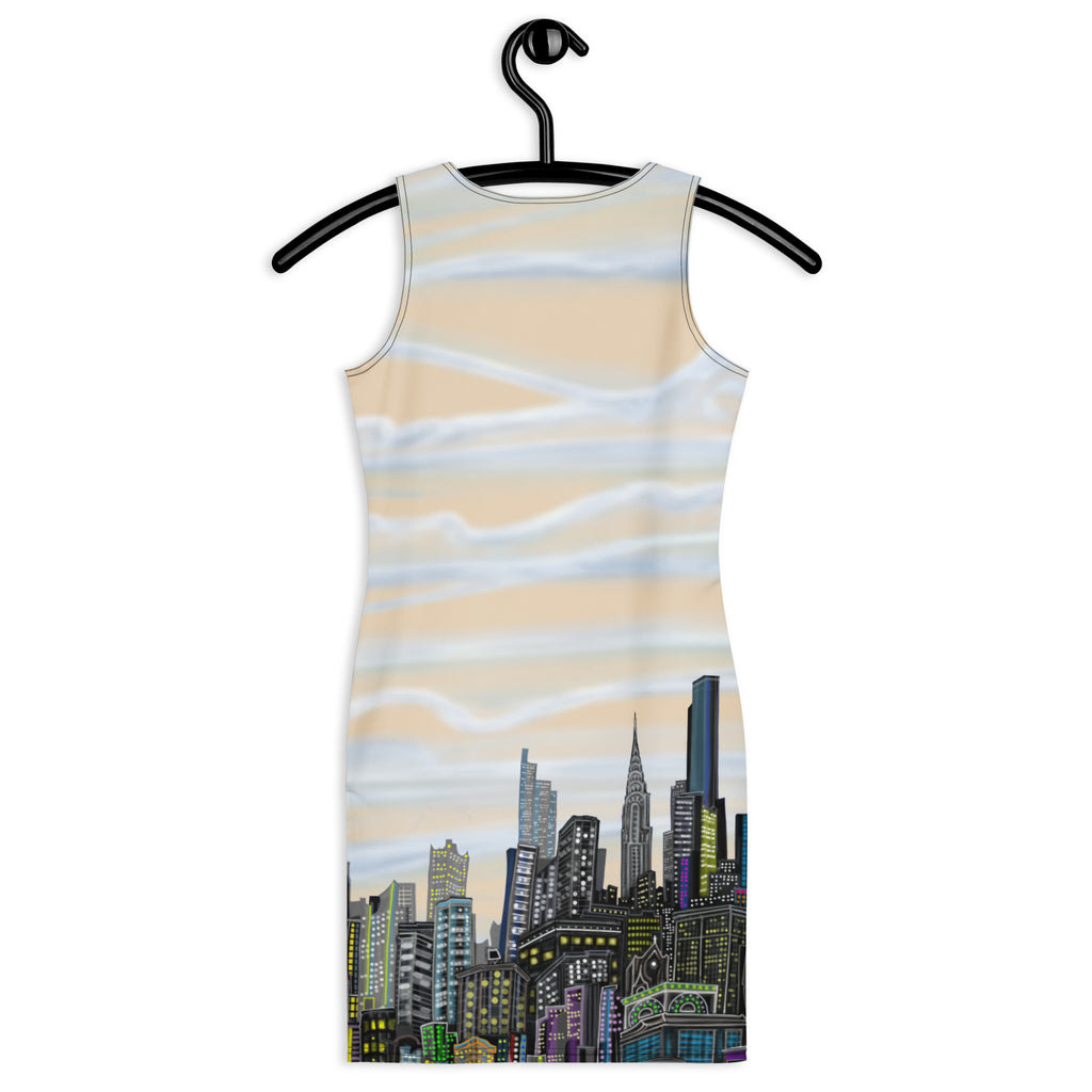 Back of Bodycon Dress of Manhattan Champagne color Luminoso Abstract Skyline design by S.Loria NYC Art  on a hanger against a white background