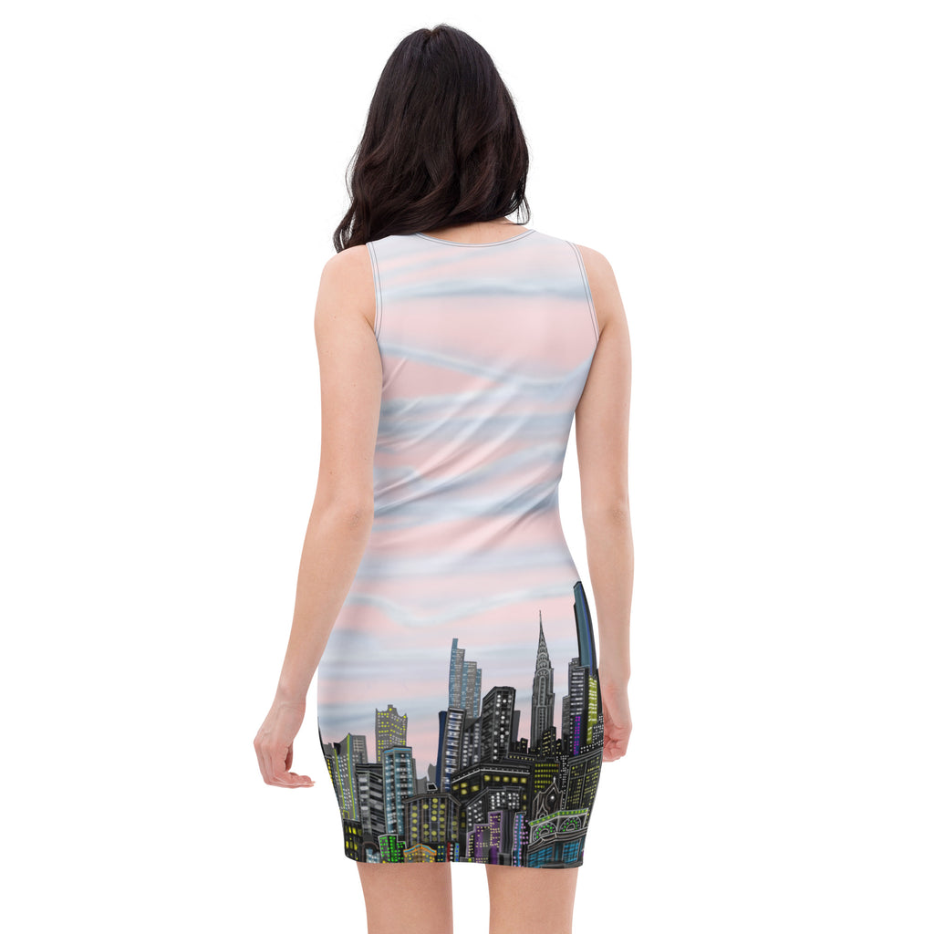 Bodycon Dress has  Rosa Pallido Manhattan NYC Skyline by Loria NYC Art white background