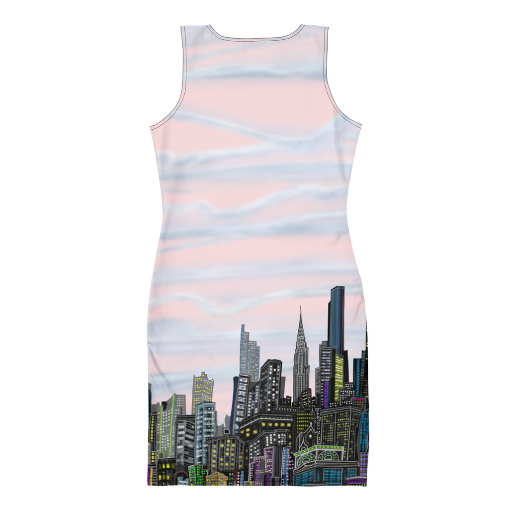 Dress with pink sky Rosa Pallido Manhattan NYC Skyline by Loria NYC Art cityscape design on a white background