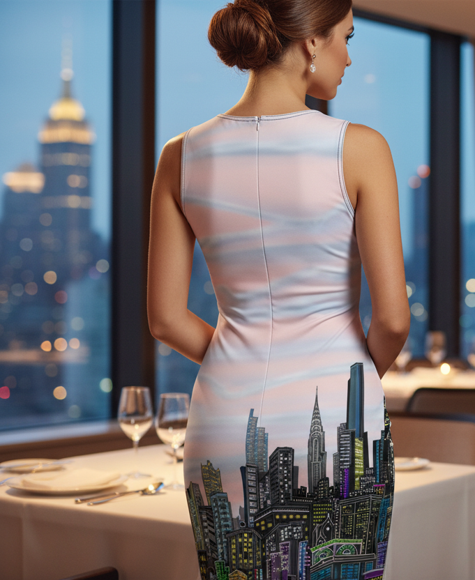 Woman in a Loria NYC Art dress with city skyline design in a restaurant setting