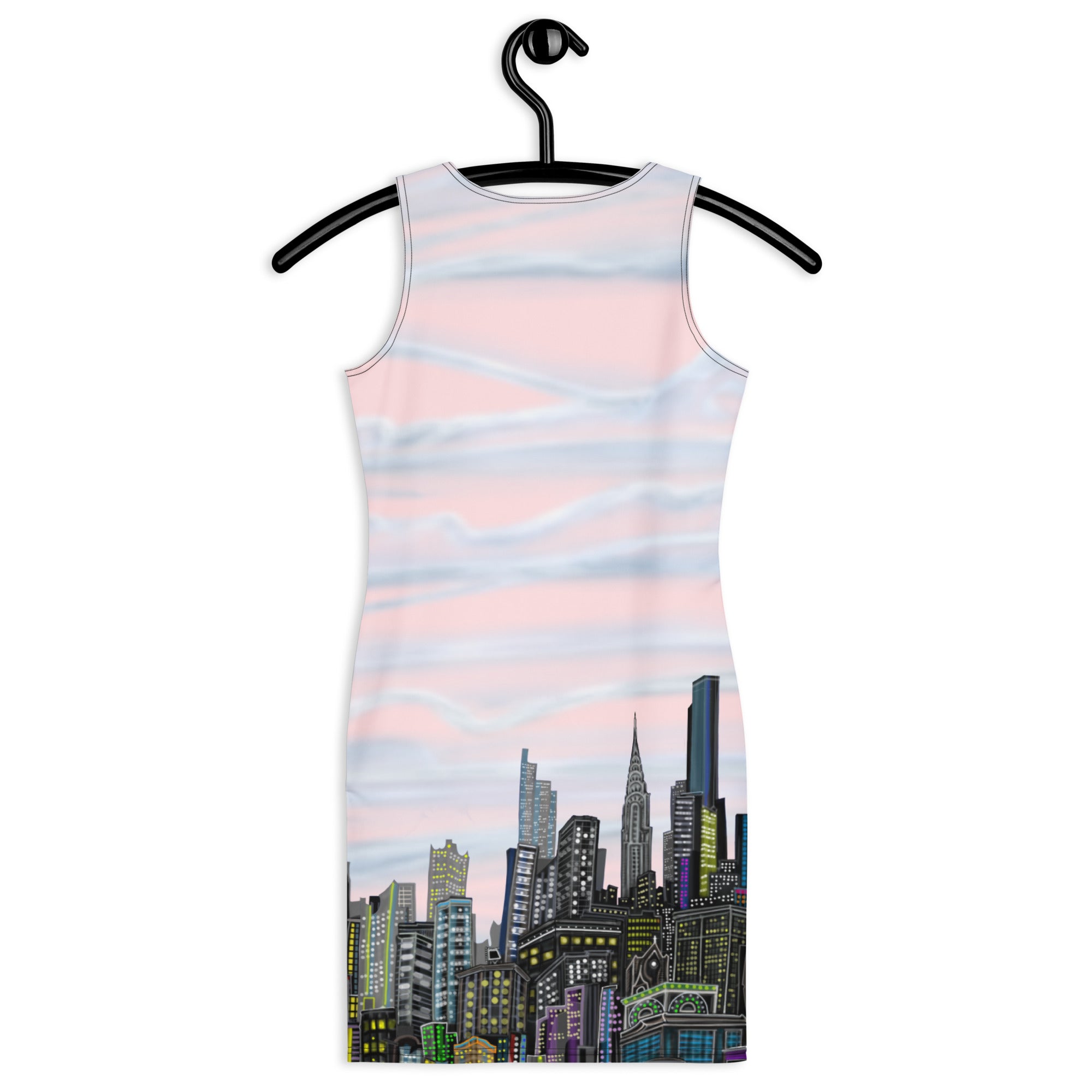 Sleeveless Bodycon Dress with Rosa Pallido Manhattan NYC Skyline by Loria NYC Art showing cityscape design on a hanger against a white background