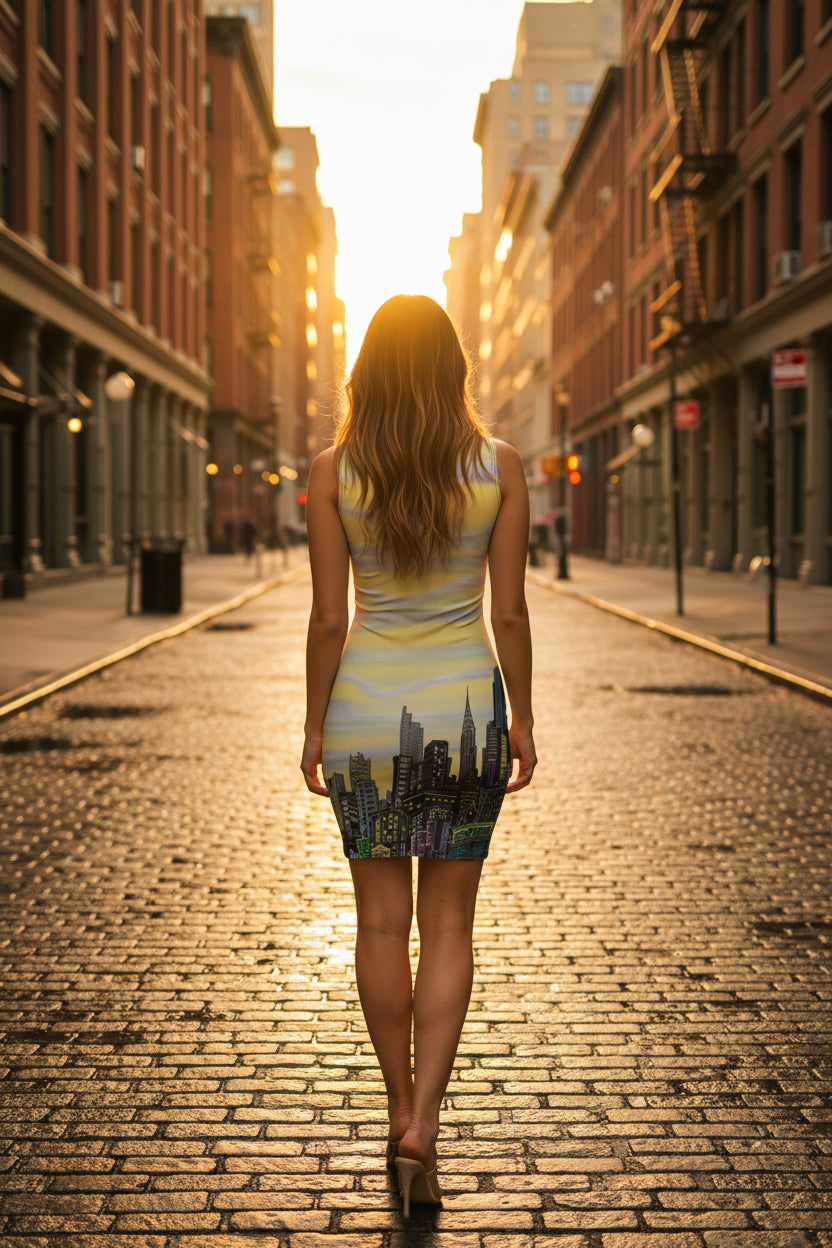 Back of a woman wearing a sleeveless Bodycon Loria NYC Art dress with a urban background