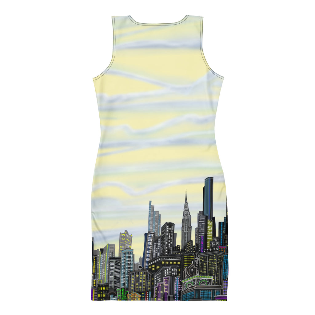 Yellow Bodycon Loria NYC Art Dress with city Skyline.
