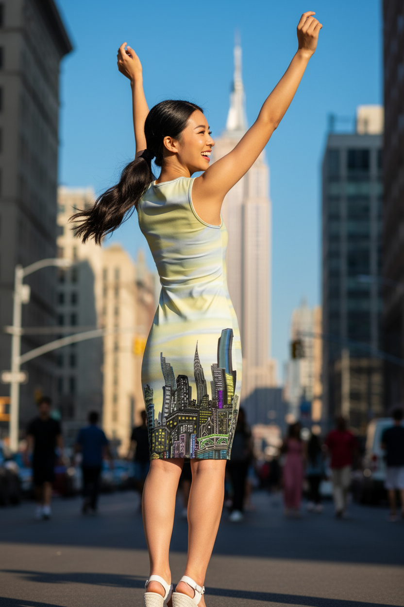 Woman in a dress with cityscape Loria NYC Art design standing on a city street with the Empire State Building in the background.