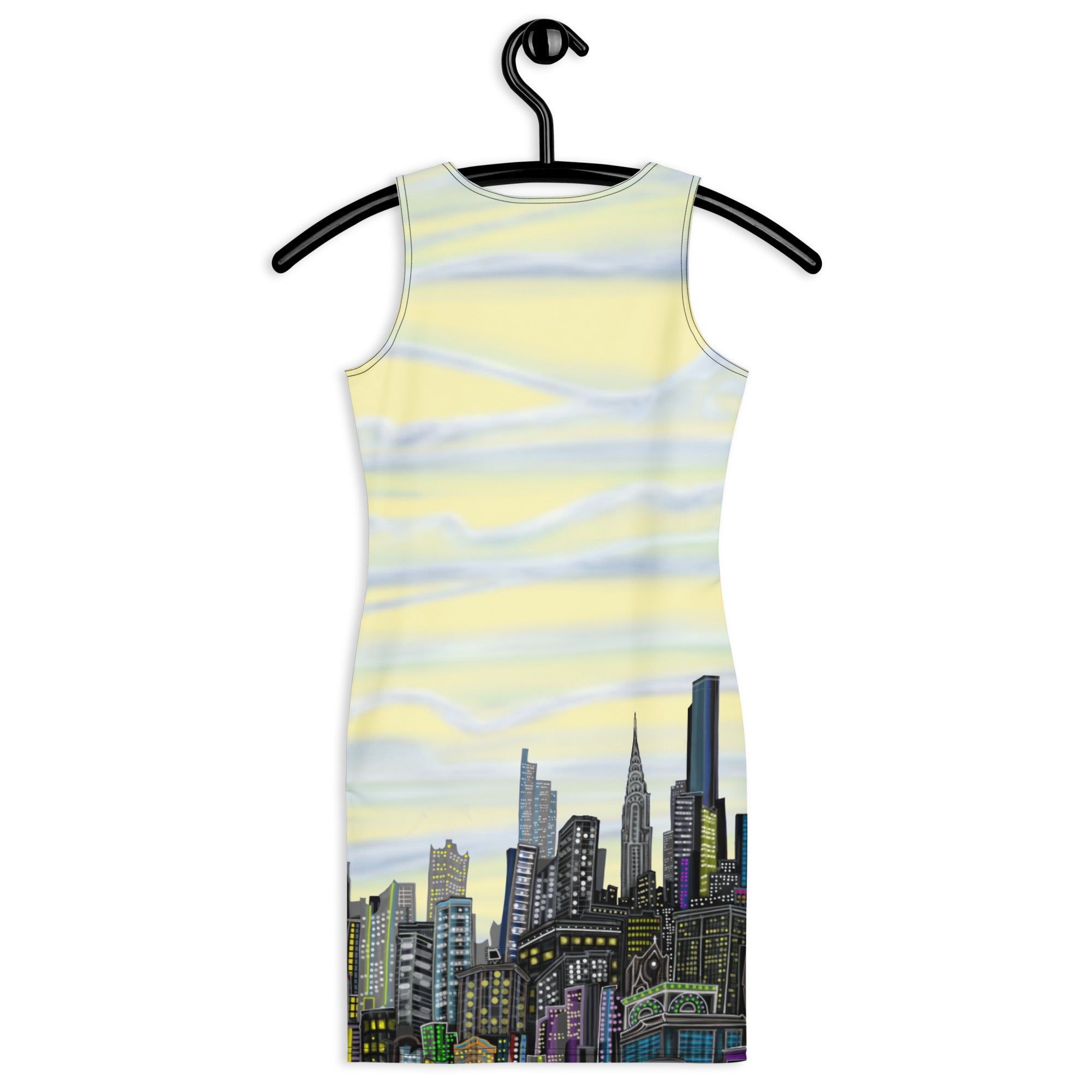 Back of Sleeveless Bodycon Dress with Cumulus Giallo Yellow White color sky and NYC Skyline by S. Loria NYC Art on a hanger against a white background