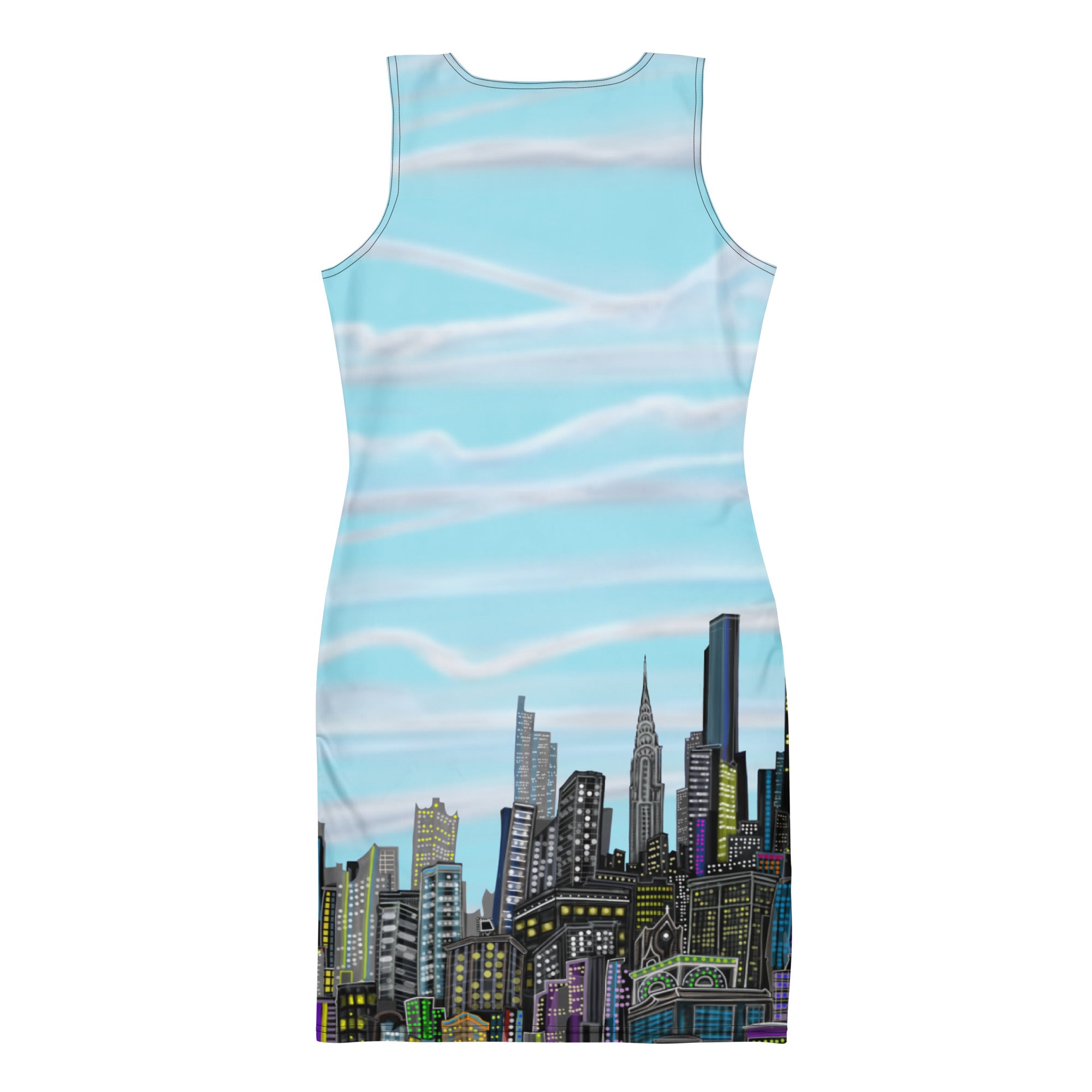 Back of a Dress with Blue Loria NYC Art skyline with white background 
