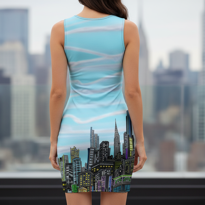 Lady wearing a sky blue dress with a city skyline Loria NYC Art design 