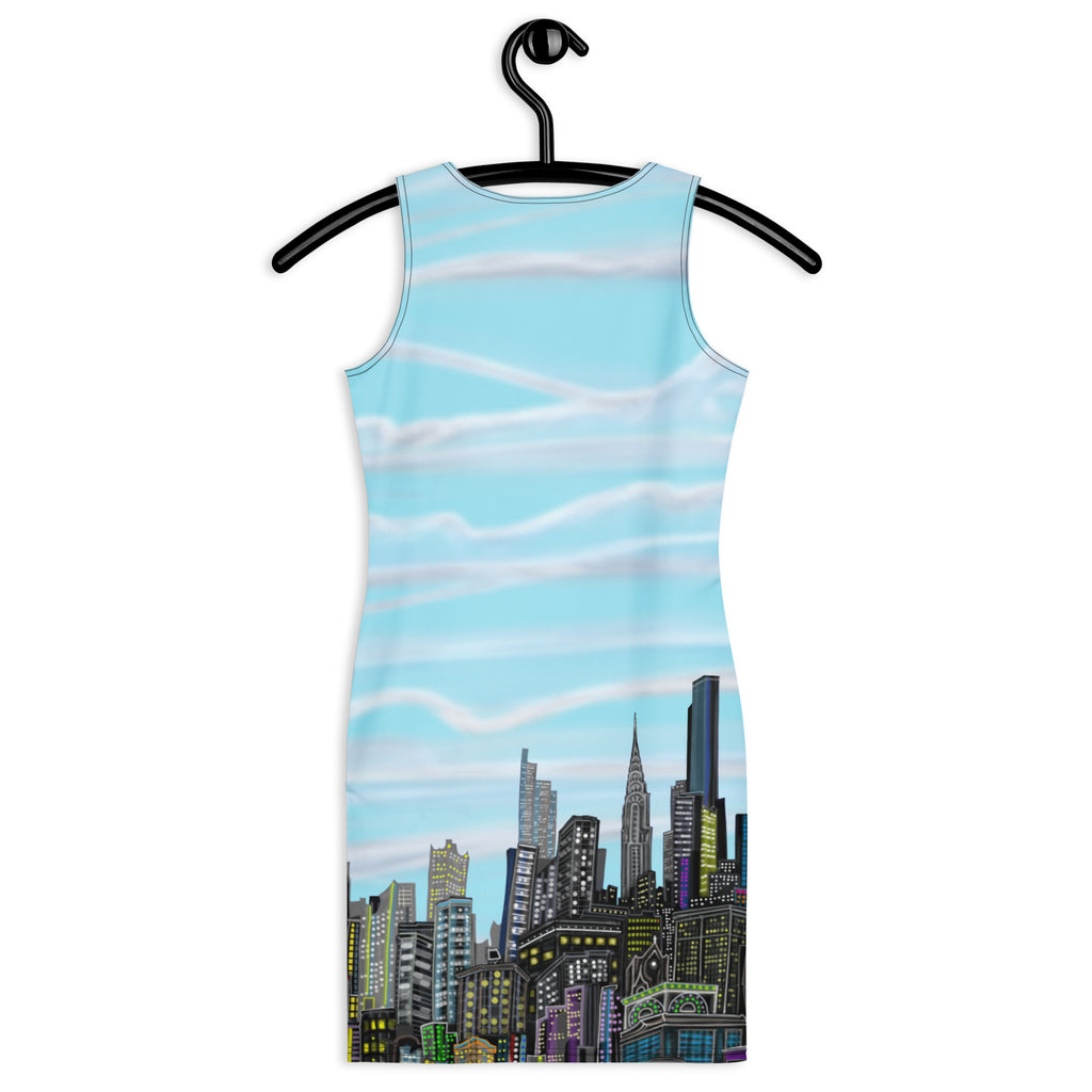 Back of a Bodycon Dress with Cumulus Azzurro Blue NYC skyline by S. Loria NYC Art with white backround a hanger against a white background