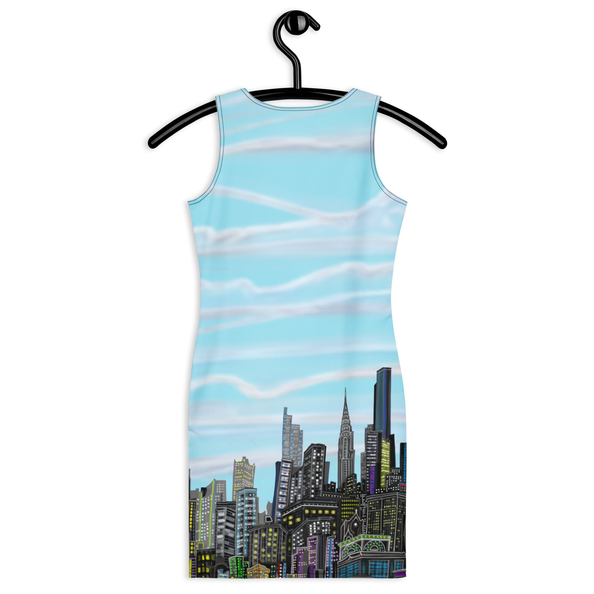 Back of a Bodycon Dress with Cumulus Azzurro Blue NYC skyline by S. Loria NYC Art with white backround a hanger against a white background