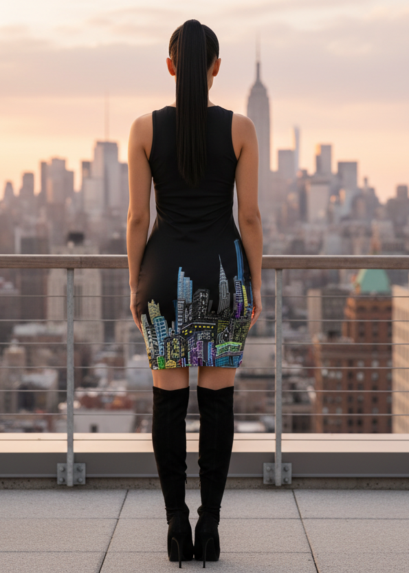 Lady on roof wearing a black Loria NYC Art designed dress while looking at the skyline 