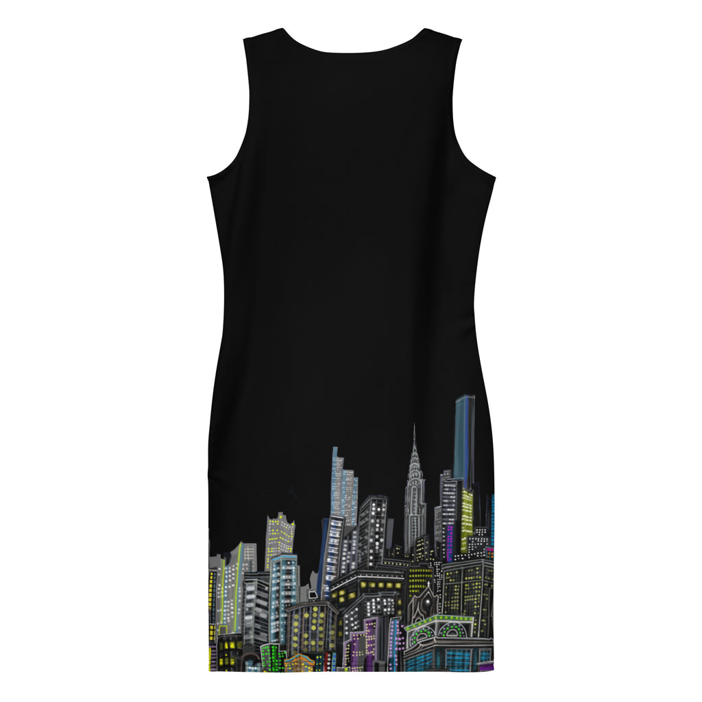 Back of Black Bodycon Dress with Architettura Notturna NYC Skyline design by S. Loria NYC on a white background
