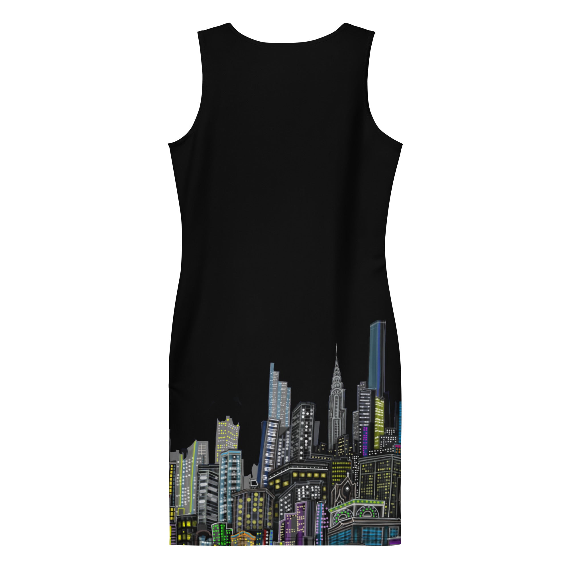 Back of Black Bodycon Dress with Architettura Notturna NYC Skyline design by S. Loria NYC on a white background