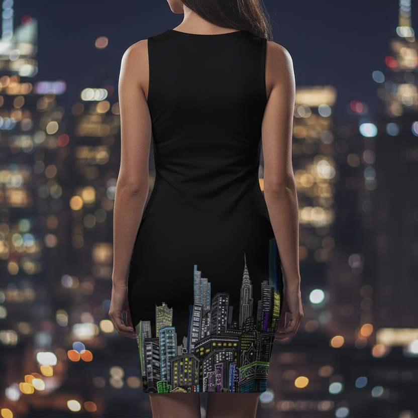 Woman wearing a black dress with cityscape Loria NYC Art design against a night cityscape background