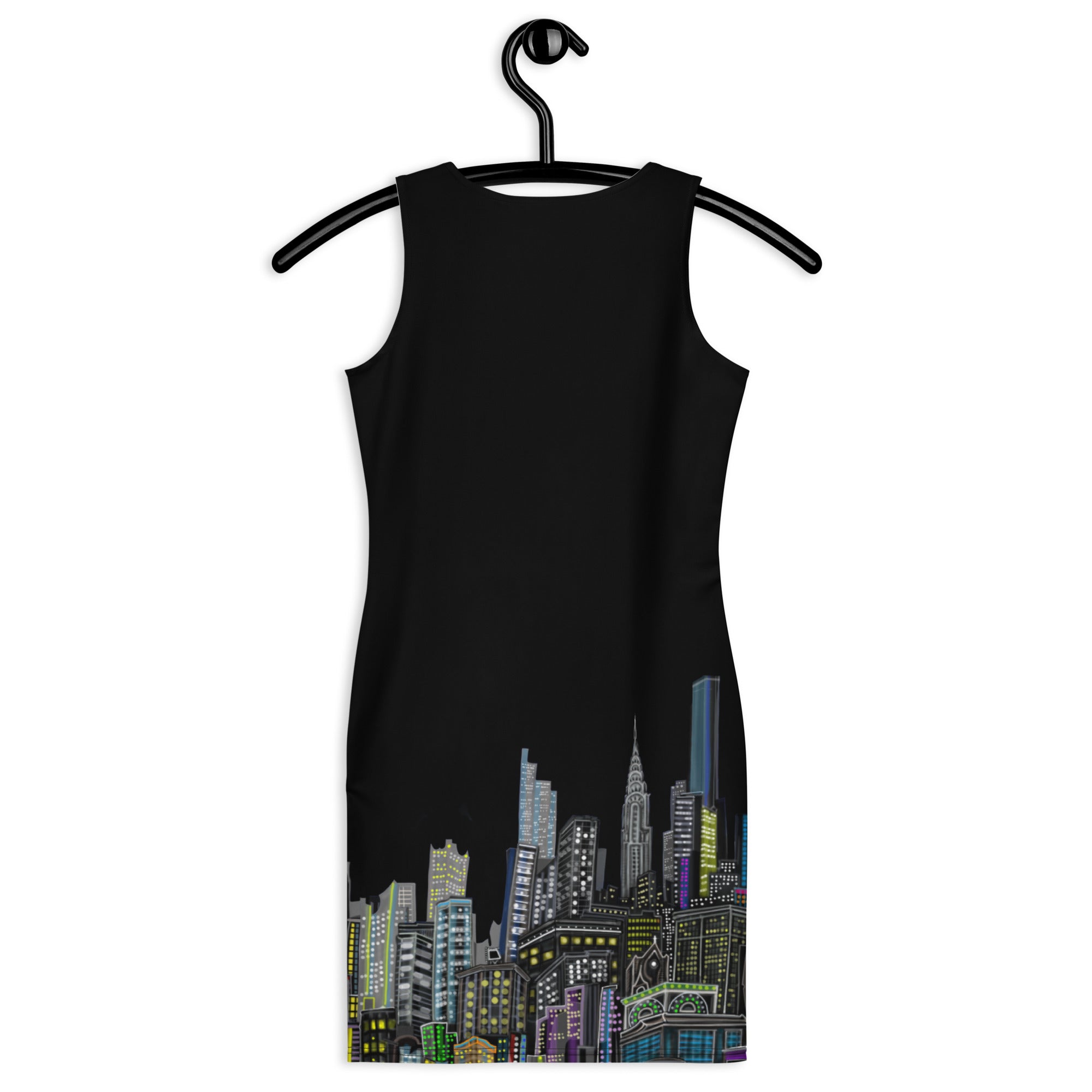 Back of Black Bodycon Dress with a Loria NYC Art Skyline design on a hanger against a white background