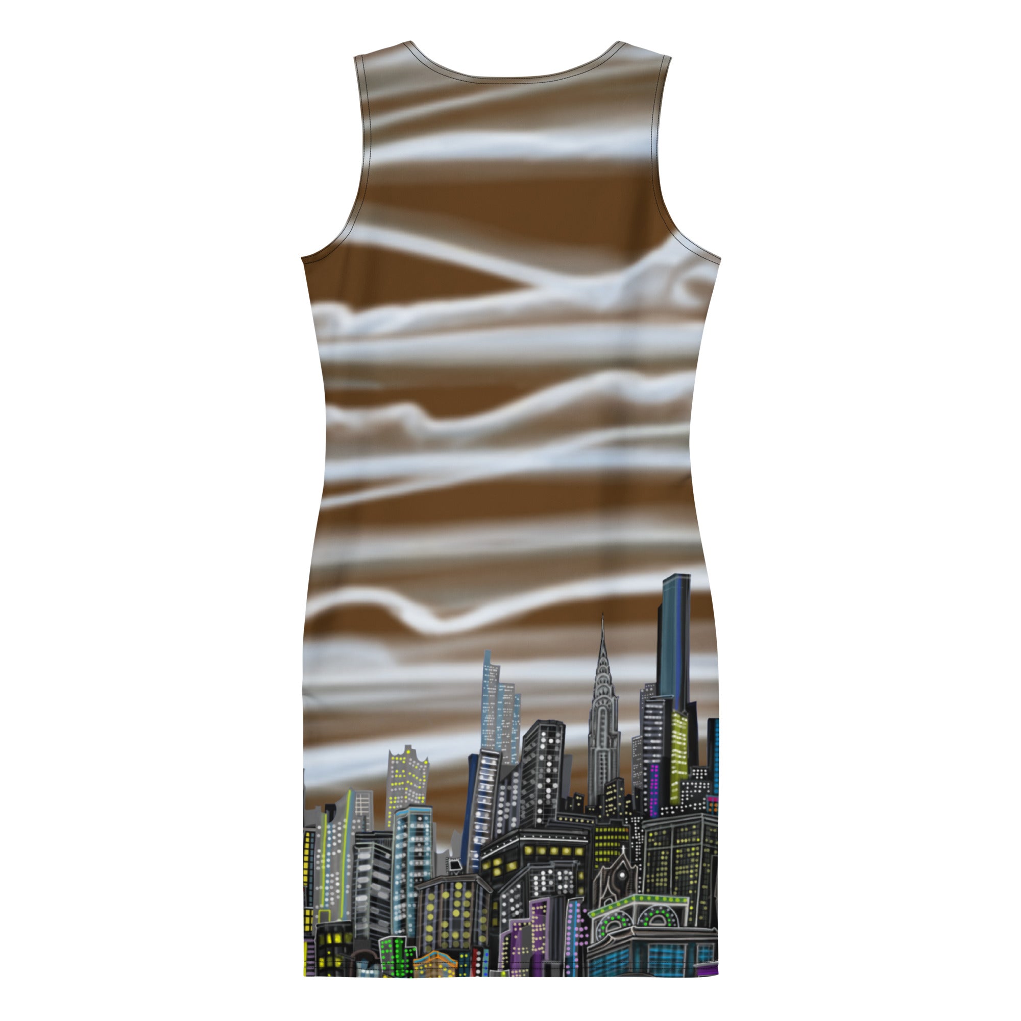 Back of a Brown Bodycon Dress with NYC skyline Nubi Bianche su Terra design by Loria NYC Art