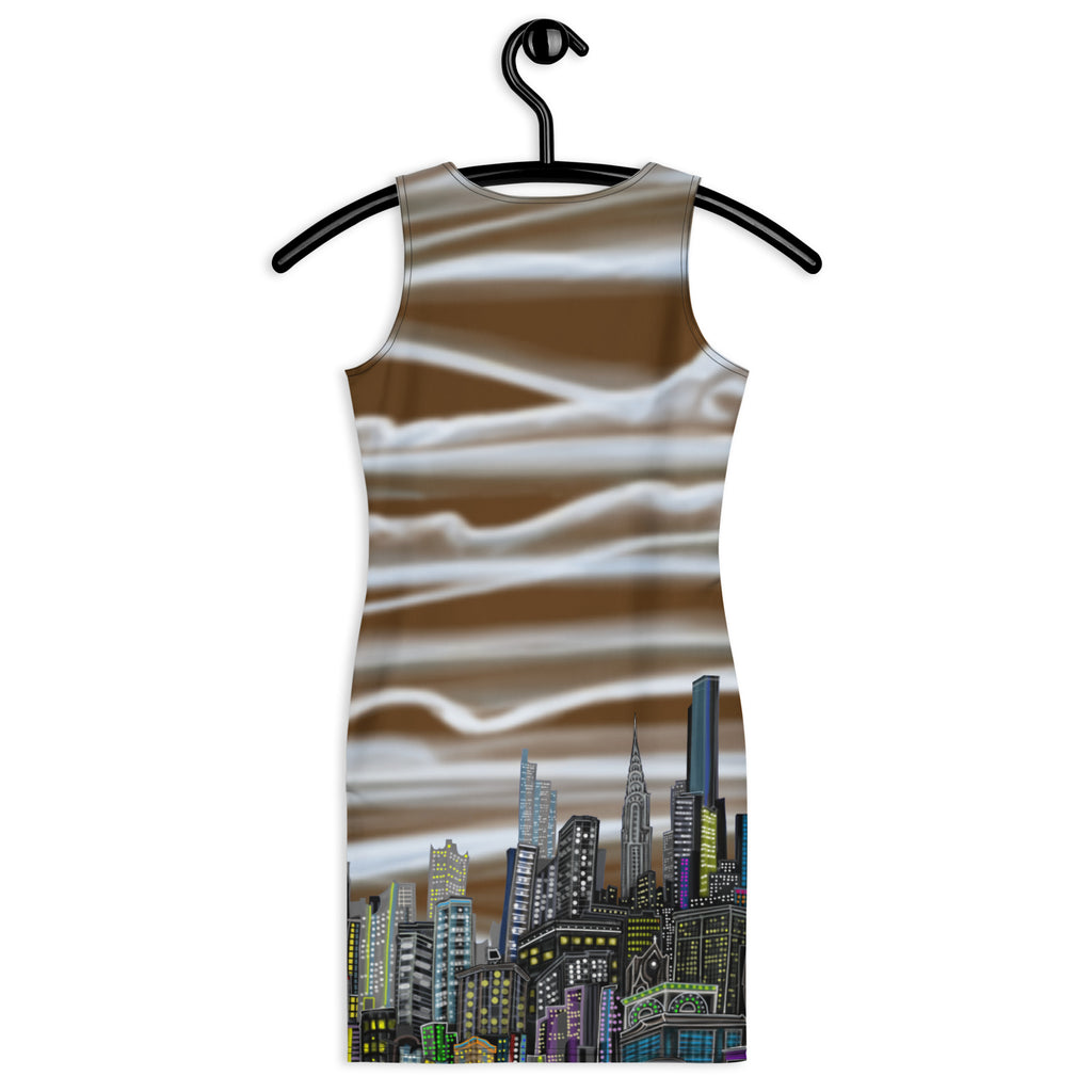 Back of a Sleeveless Bodycon Dress with brown Nubi Bianche su Terra NYC skyline design by Loria NYC Art on a hanger against a white background