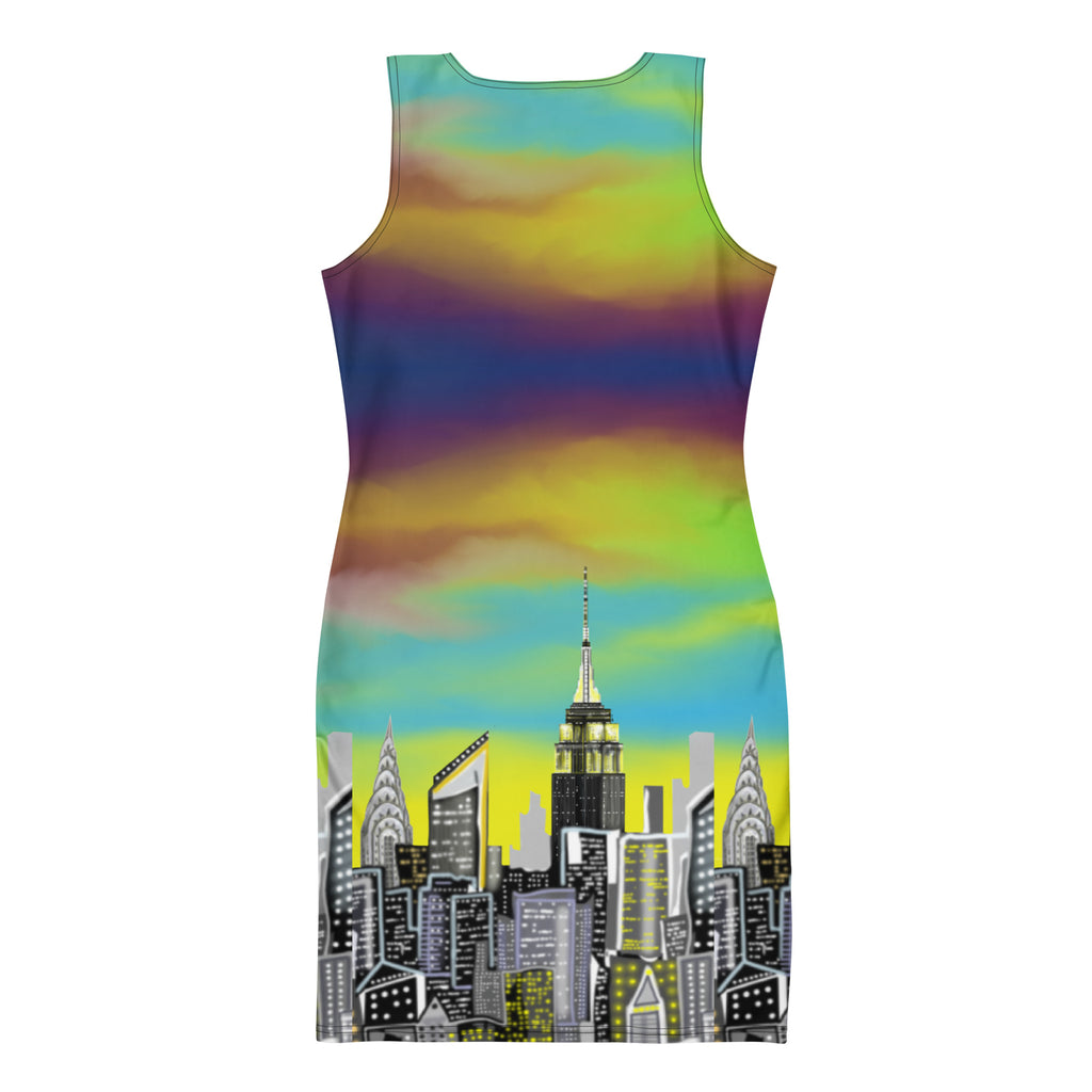 Back of Sleeveless Bodycon Dress with Notte Terra Urbana NYC skyline designed by S.Loria NYC Art 