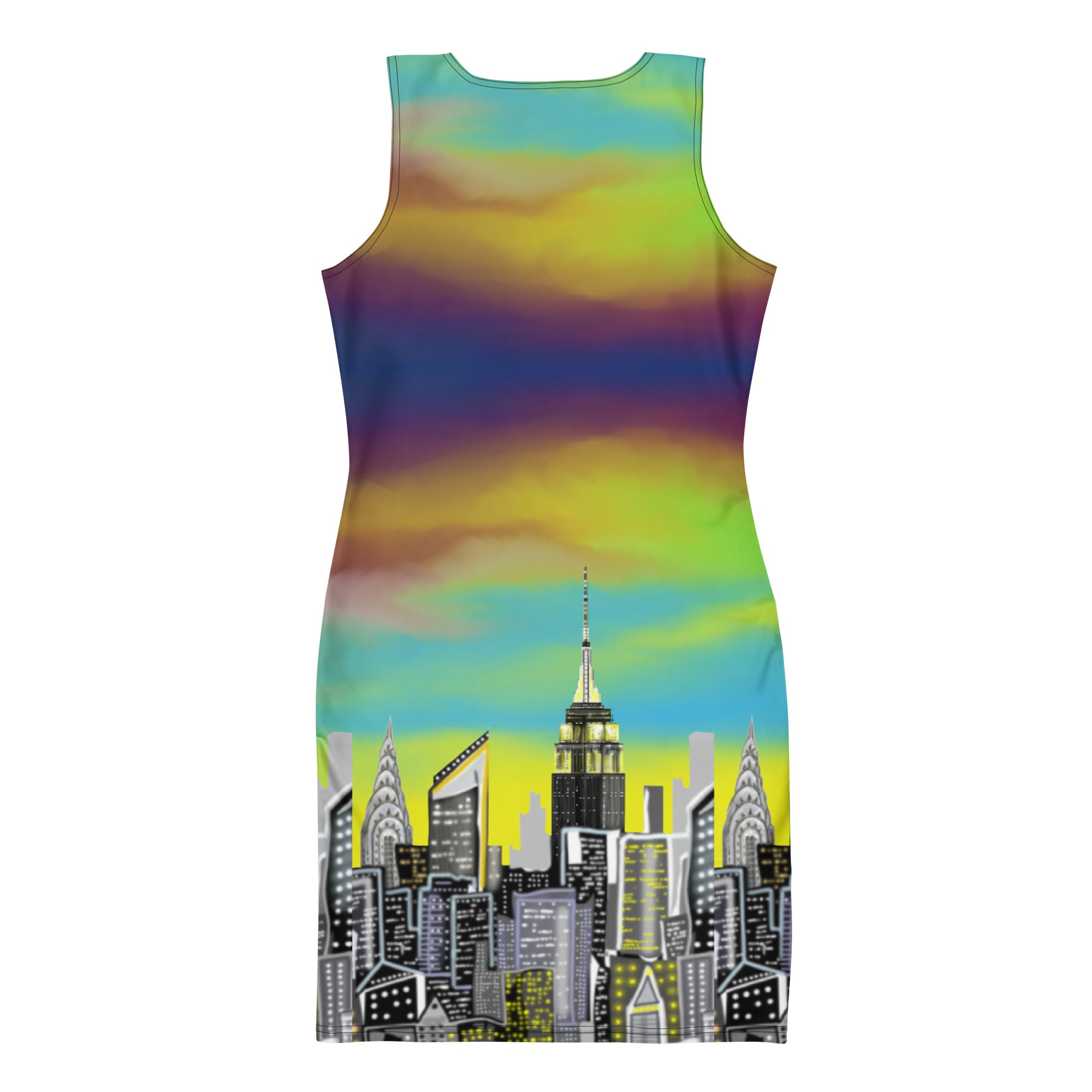 Back of Sleeveless Bodycon Dress with Notte Terra Urbana NYC skyline designed by S.Loria NYC Art 
