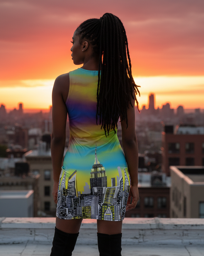 Woman in a colorful Loria NYC Art dress standing on a rooftop with a cityscape and sunset in the background